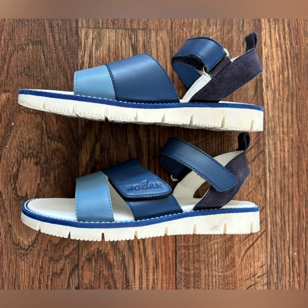 HOGAN Kids' Leather Sandals In Blue Made in Serbia